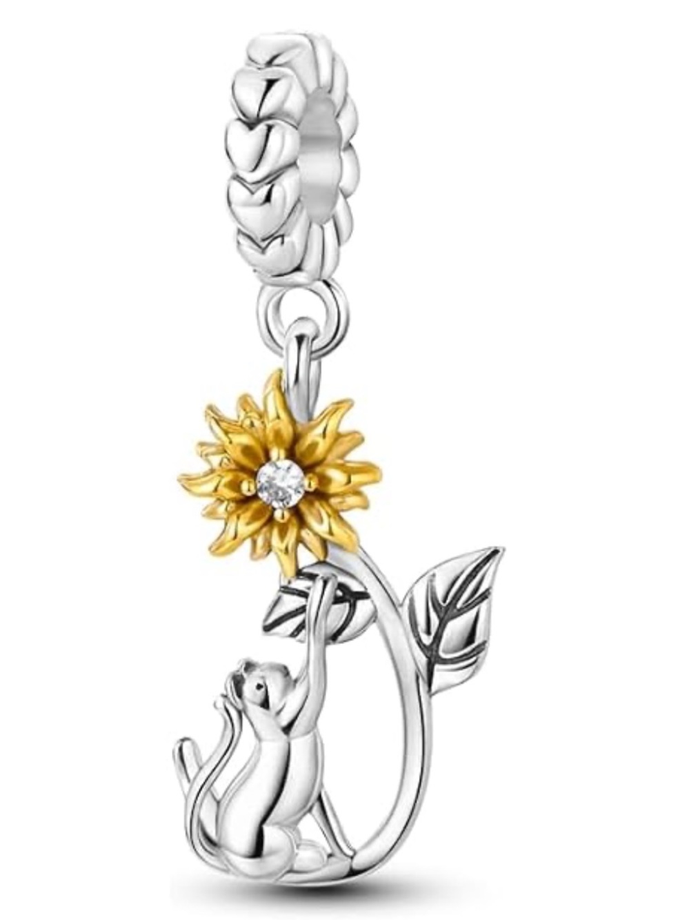 Sterling Silver Cat & Sunflower Dangle Charm  Animal Lover